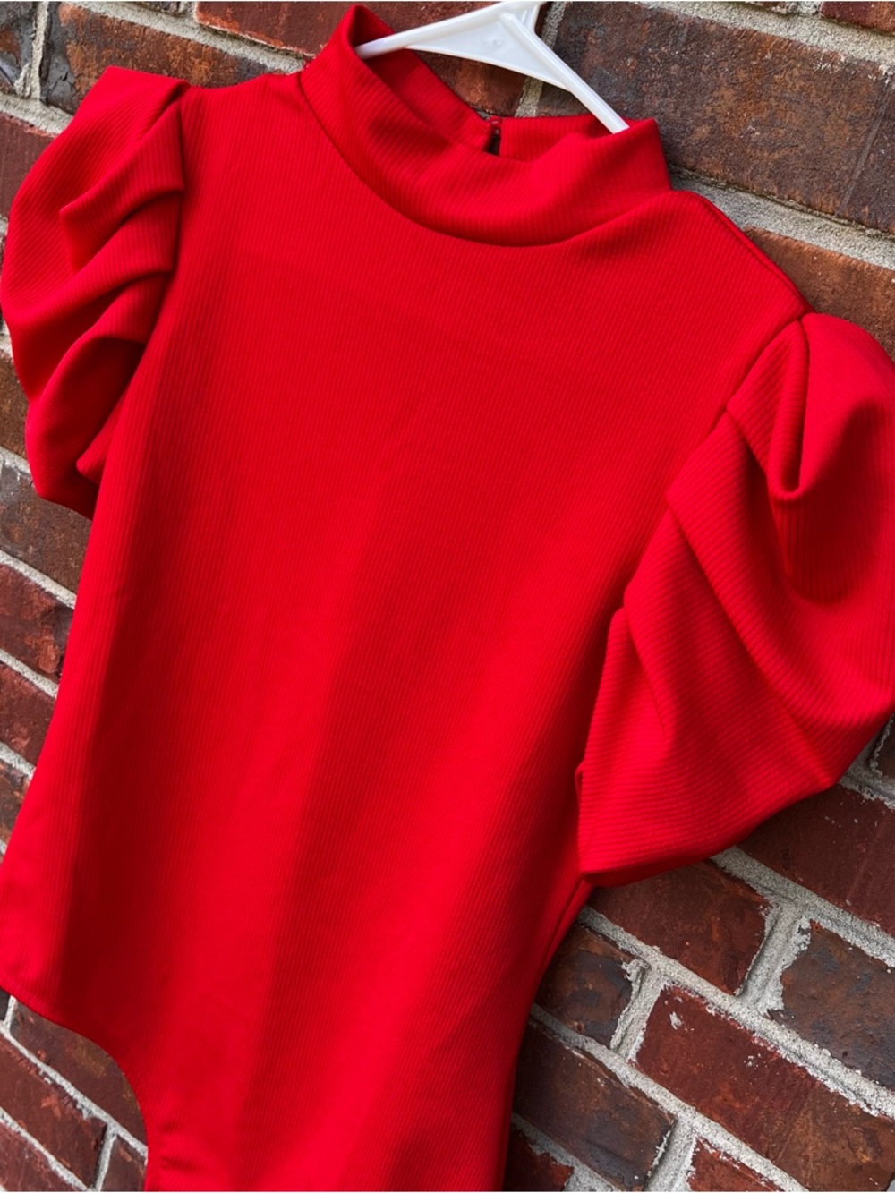 TCEC Red Puff Sleeve Mock Neck Bodysuit